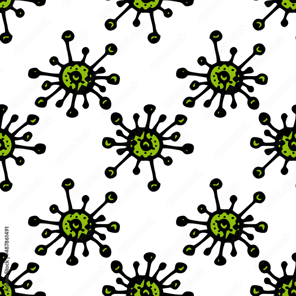a pattern from the green virus. A hand-drawn round-shaped microbe with a ray-tentacle texture of dots in a flat style. isolated element with black outline on white for design template a pattern from the green virus. A hand-drawn round-shaped microbe with a ray-tentacle texture of dots in a flat style. isolated element with black outline on white for design template
