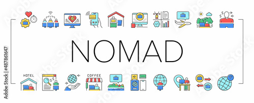 Digital Nomad Worker Collection Icons Set Vector .