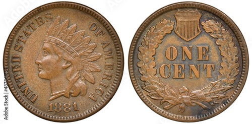 United States bronze coin 1 one cent 1881, Indian head left, value below shield within wreath,