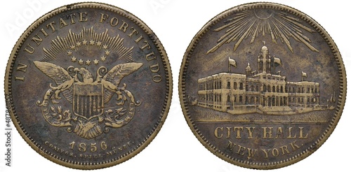 Germany German play token 1856, eagle with shield under thirteen stars, New York City Hall building under radiant star, 