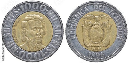 Ecuador Ecuadoran bimetallic coin 1000 one thousand sucre 1996, head of Eugenio Espejo, arms, oval with mountains and ship in front of crossed flags, condor above, photo