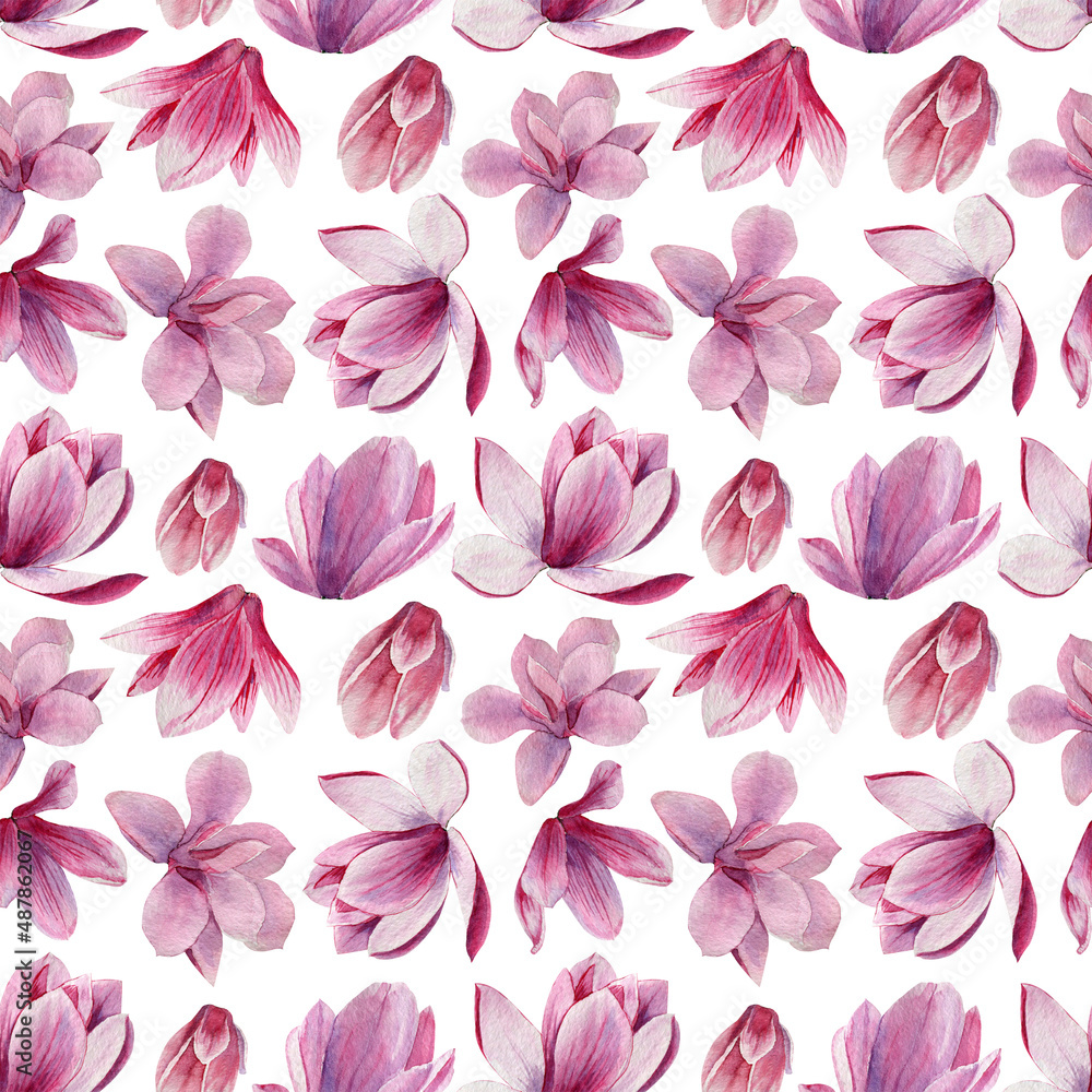 Bright seamless pattern with pink magnolia flowers. Digital paper with spring flowers.