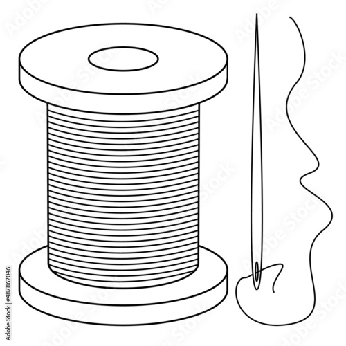 Hand drawn bobbin with threads and a needle with a threaded thread.