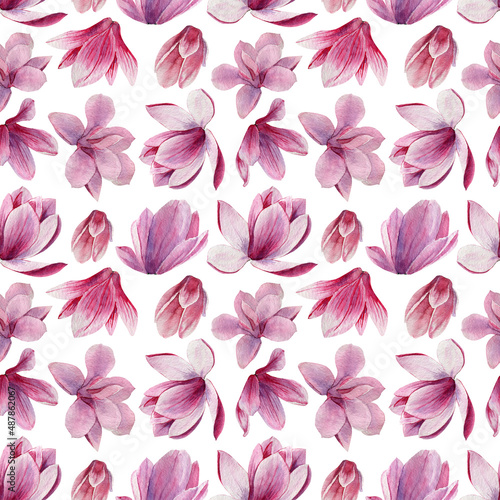 Bright seamless pattern with pink magnolia flowers. Digital paper with spring flowers.