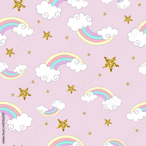 Seamless pattern with rainbow and golden stars vector
