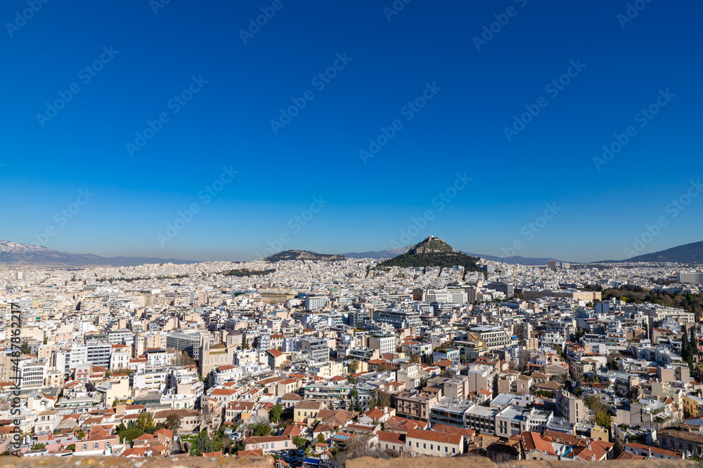 View of Athens city from Acropolis with Lycabettus hill in the background, Athens, Greece