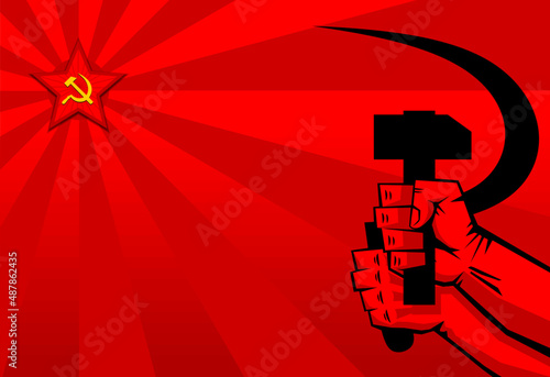 Red propaganda poster retro style. Sickle and hammer in hands, soviet star. Vector photo