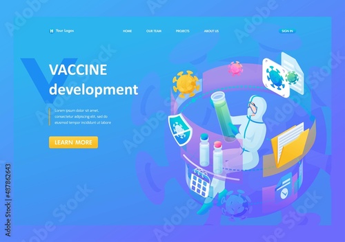 Modern isometric. 3D illustration of a young scientist researching a virus and developing a vaccine. Landing Page Concept