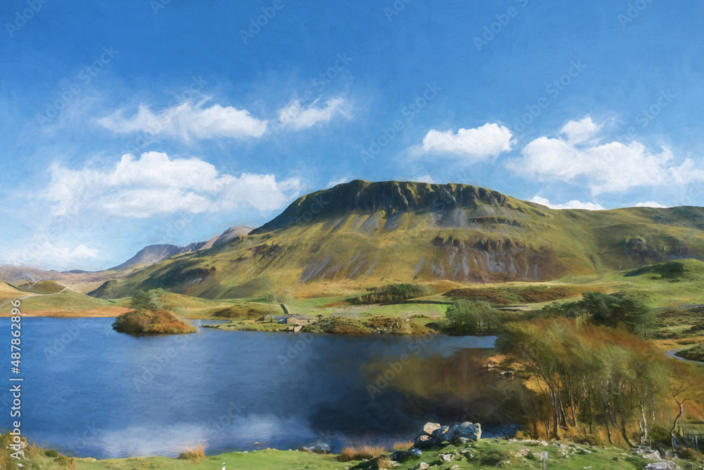Digital painting of Penygader, Cadair Idris mountain during autumn in the Snowdonia National Park, Dolgellau, Wales.