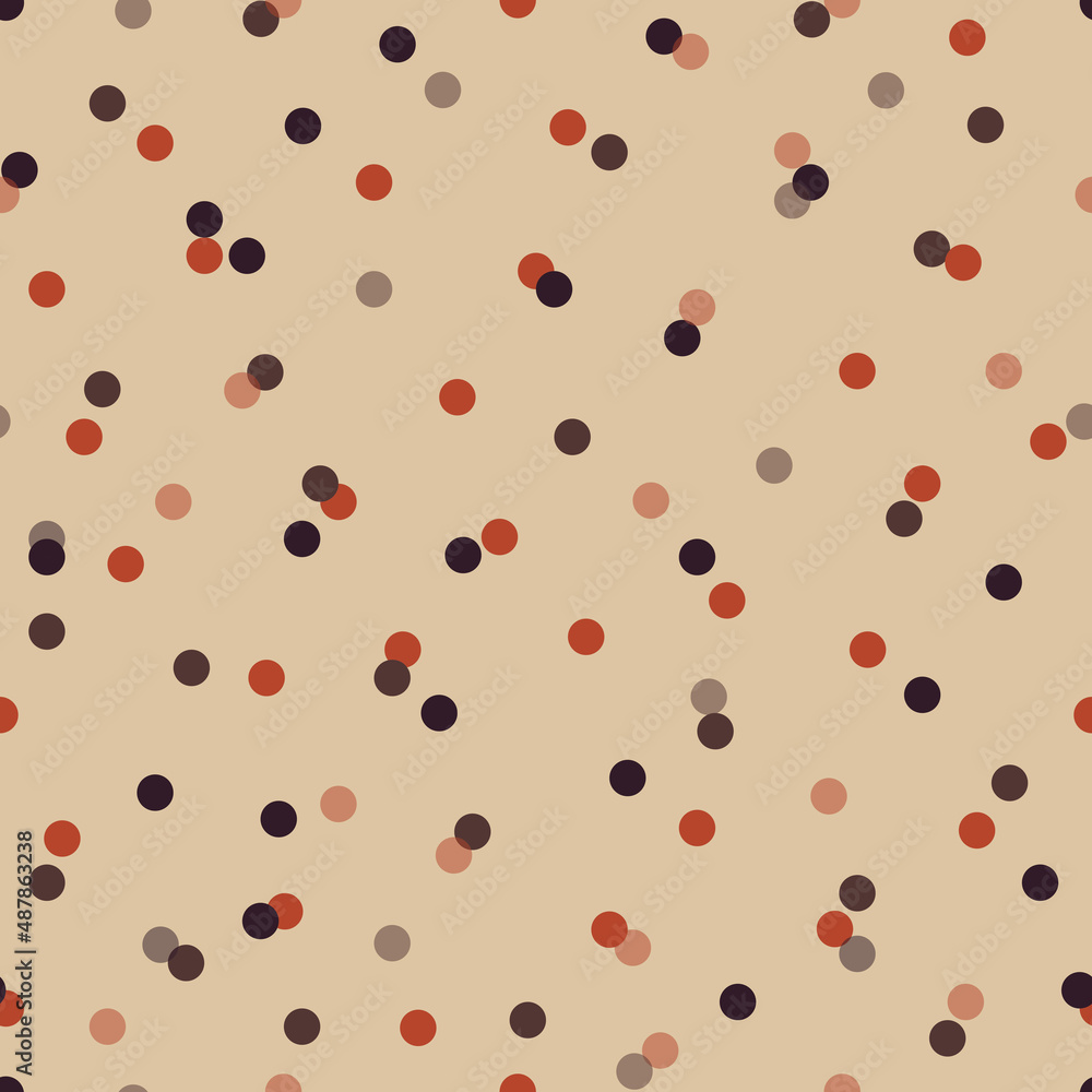 Polka dot seamless pattern. Abstract random flying colorful confetti. Trendy print in warm colors for fabric, textile, gift wrapping paper, wallpaper. Vector illustration.