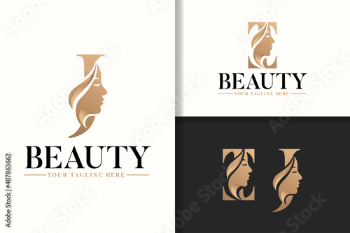 Feminine monogram logo letter I and J with woman silhouette