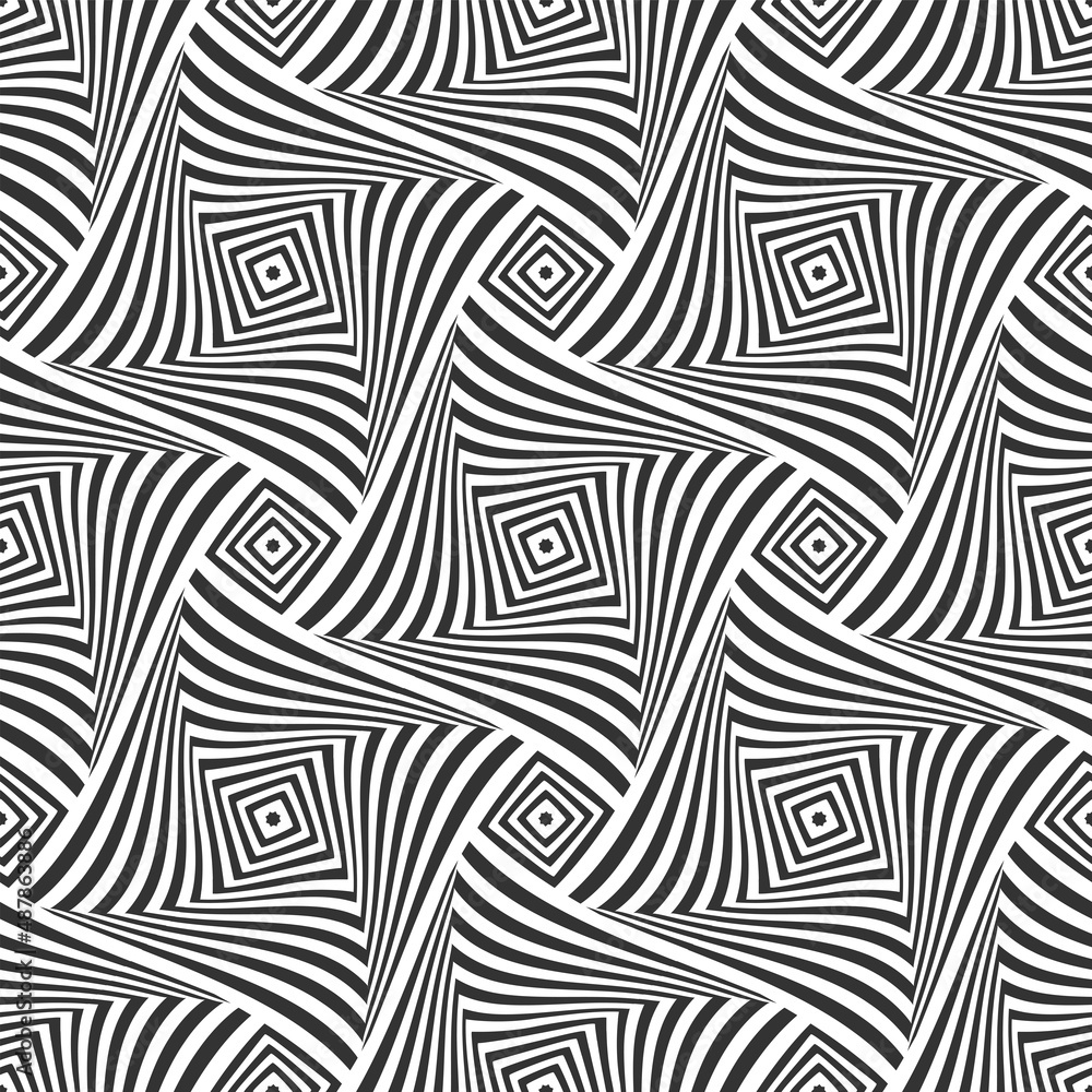 Abstract seamless op art pattern. Twisting lines texture.