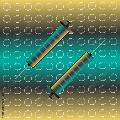 Hypodermic needle or medical syringe illustration with aquamarine green and yellow background and bubbles.