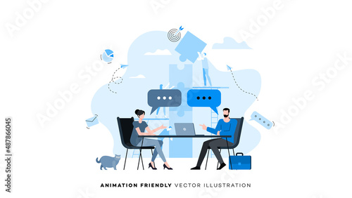 Man and woman negotiating at the table. Animation ready duik friendly vector Illustration. Conceptual business story. Puzzle connection, teamwork abstract metaphor, partnership, solving problem.