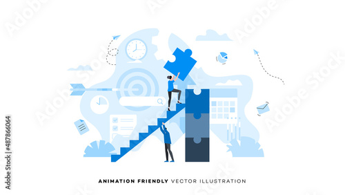 Man supports ladder so that woman can complete tower of puzzles. Animation ready duik friendly vector Illustration. Conceptual business story. Puzzle connection, teamwork abstract metaphor.