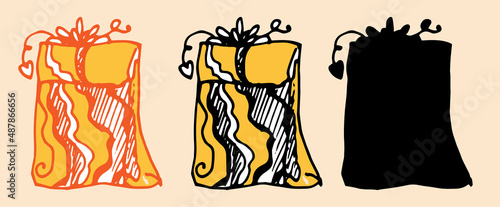a gift box in a yellow package with a pattern of wavy lines with a rope bow on top. the set is silhouetted in black. gift bag paper color and bow in doodle style for design template