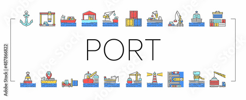 Container Port Tool Collection Icons Set Vector .