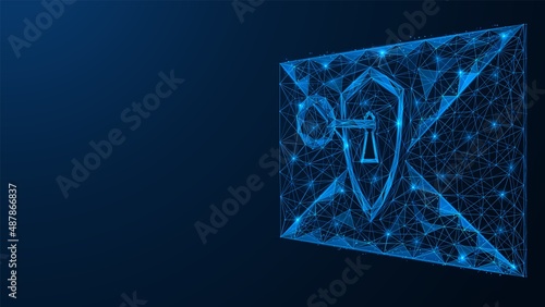 An envelope with a shield and a key. Personal mail protection technology. Polygonal construction of interconnected lines and points. Blue background.