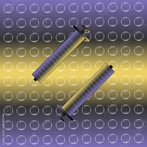 Hypodermic needle or medical syringe illustration with purple and yellow background and bubbles.