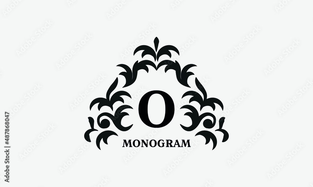 Elegant floral logo design template for letter O. Calligraphic dark elegant ornament on a light background. Business sign, identity monogram for restaurant, boutique, hotel, heraldic, jewelry.