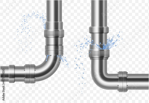Plumbing, piping, realistic pipes.Leakage of water pipes. Broken steel pipeline with leak, leaky valve, drip fittings, burst pipe, leak, leaking pipes. vector