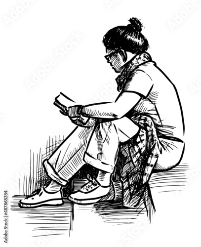 Hand drawing of casual young city woman sitting on steps and reading book outdoors