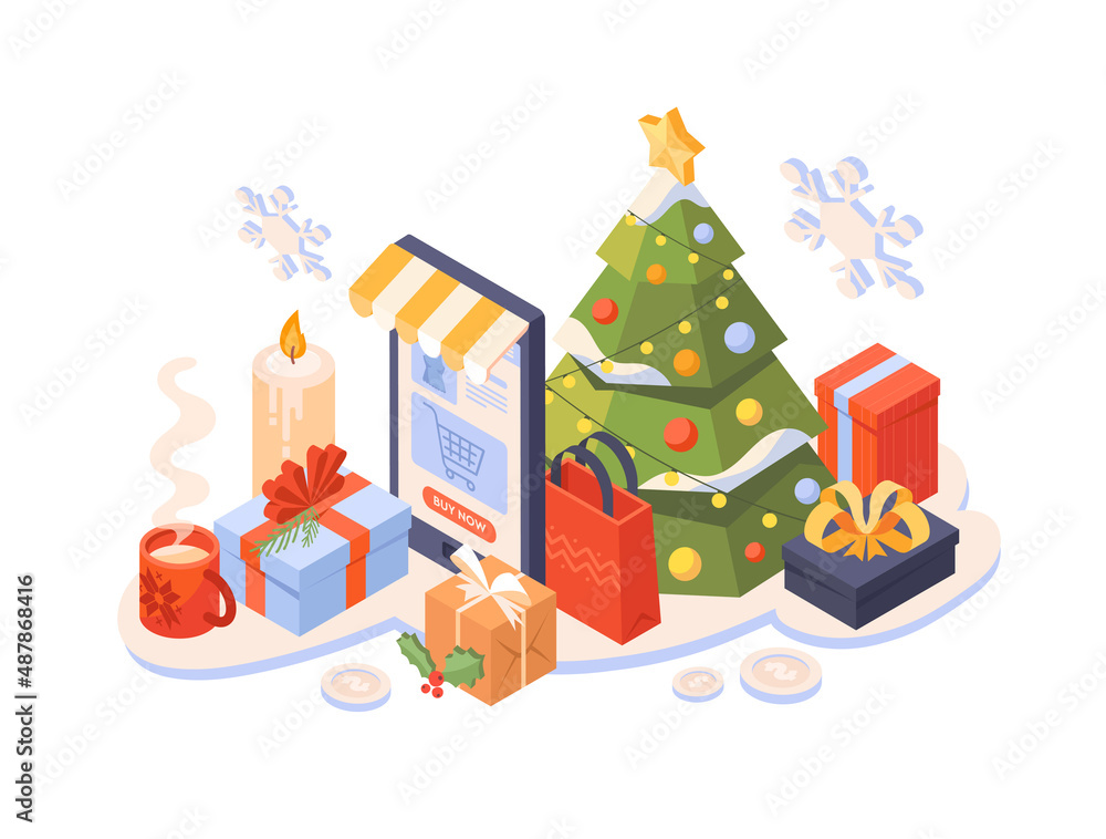 Concept of happy holidays. Shop next to tree and gifts. Winter holidays and rest. New year and Christmas, traditions and religion. Online shopping, internet. Cartoon volumetric vector illustration