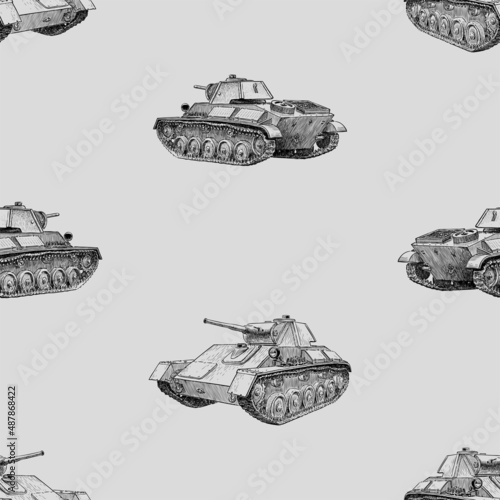 Seamless background of sketches old fighting tanks of Second world War