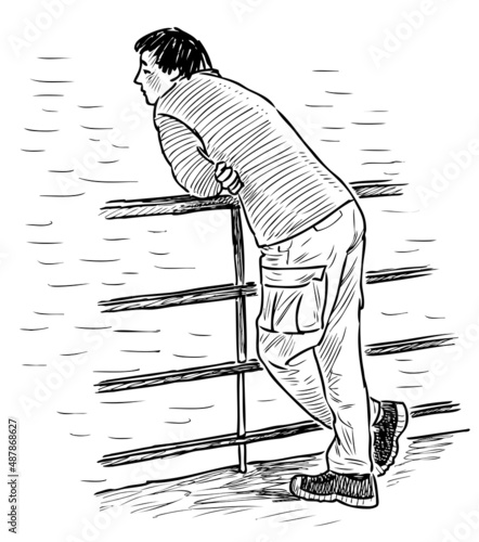 Sketch of  young man standing on river embankment in thought