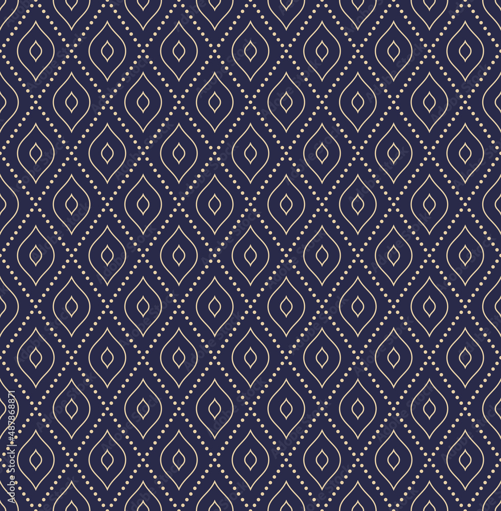 Geometric dotted vector dotted blue and golden pattern. Seamless abstract modern texture for wallpapers and backgrounds