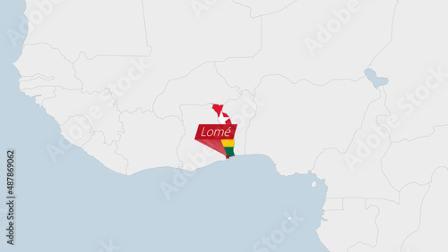 Togo map highlighted in Togo flag colors and pin of country capital Lome.