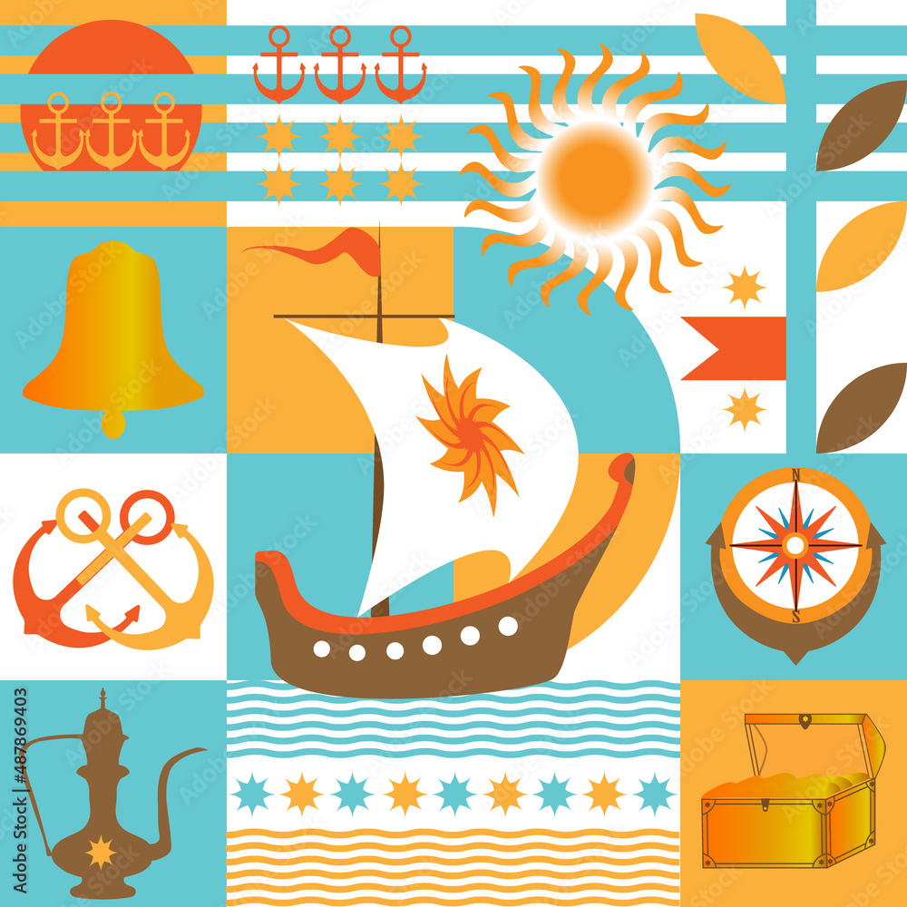Fototapeta premium Seamless geometric marine pattern with sailboat.