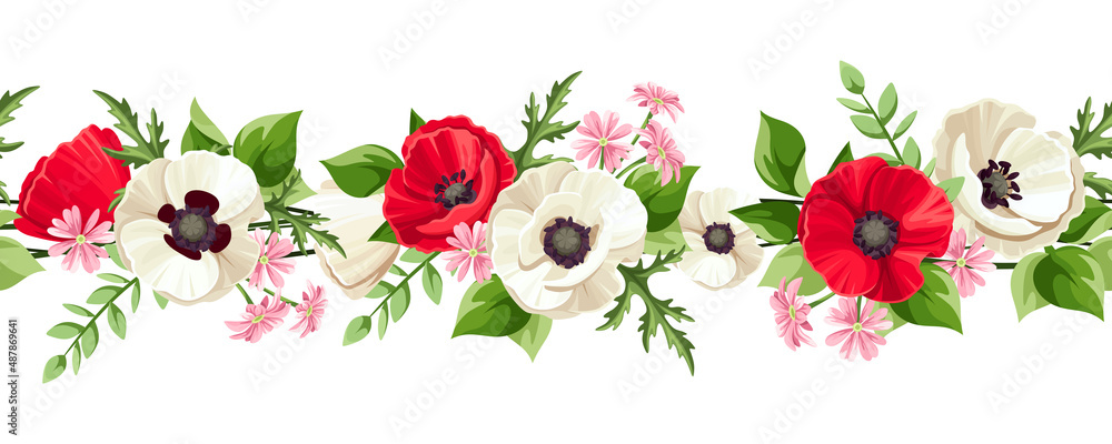 Horizontal seamless border with red and white poppy flowers, small pink flowers, and green leaves. Vector illustration Horizontal seamless border with red and white poppy flowers, small pink flowers, and green leaves. Vector illustration