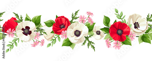 Horizontal seamless border with red and white poppy flowers, small pink flowers, and green leaves. Vector illustration