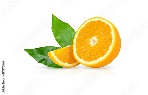 Slice of orange and half of orange with green leaves, isolated on a white background