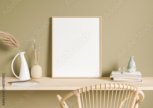 One 8x10 vertical boho style wooden frame mockup. Vertical wooden frame mockup on olive green wall with decorations. 3D Rendering.
