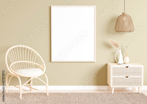 One 8x10 vertical boho style wooden frame mockup with boho chair and lamp. Vertical wooden frame mockup on olive green wall with decorations. 3D Rendering.