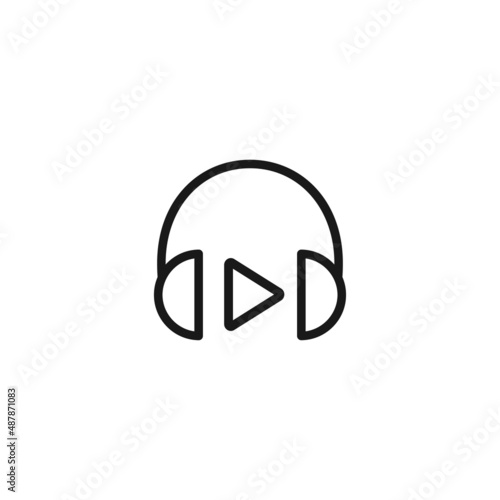 black headphones with play sign. Flat vector earphones icon isolated on white.