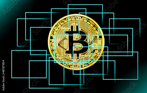 Blockchain network concept, Distributed technology, Block chain and computer connection with golden Bitcoin