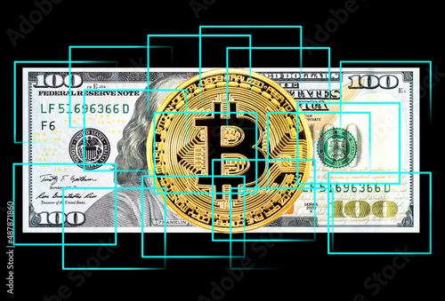 Block chain and computer connection with golden Bitcoin and american dollar