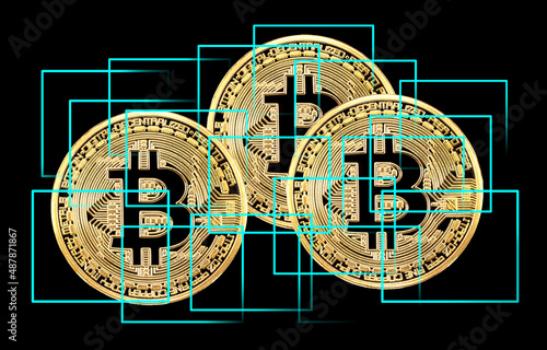 Blockchain network concept, Distributed technology, Block chain and computer connection with golden Bitcoin