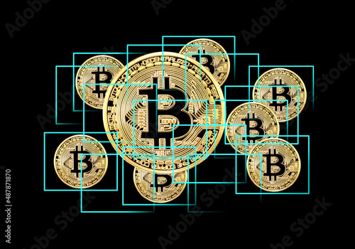 Blockchain network concept, Distributed technology, Block chain and computer connection with golden Bitcoin