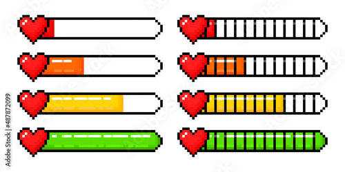 Health bar video game pixel style element. Mana indicator 8 bit set.