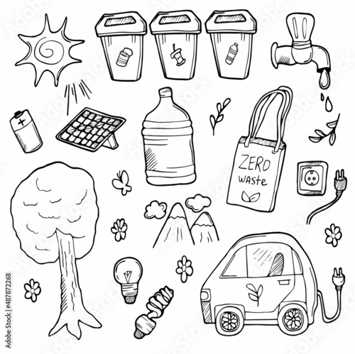 Doodle ecology set. Hand drawn design vector illustration, ecology problem and green energy icons in doodle style, for graphic and web design. Earth day concept