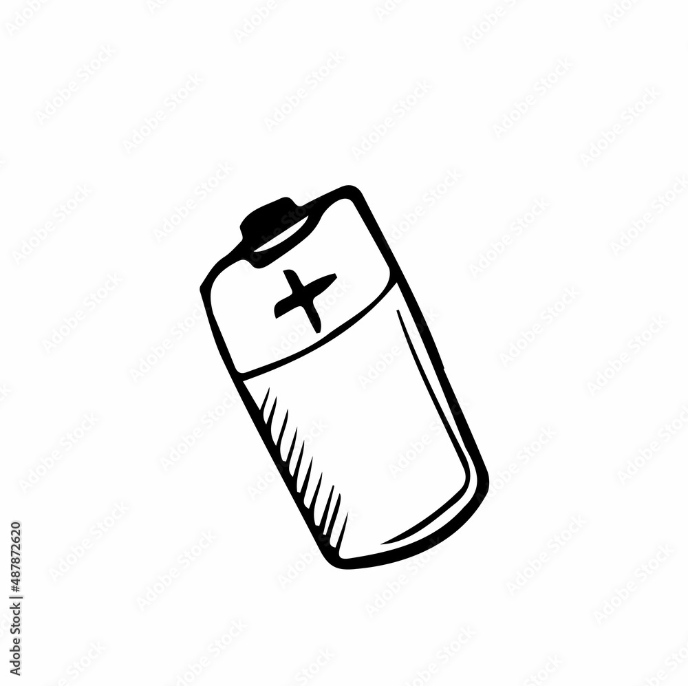 Doodle battery icon with cartoon style. Hand drawn vector battery isolated on white background.