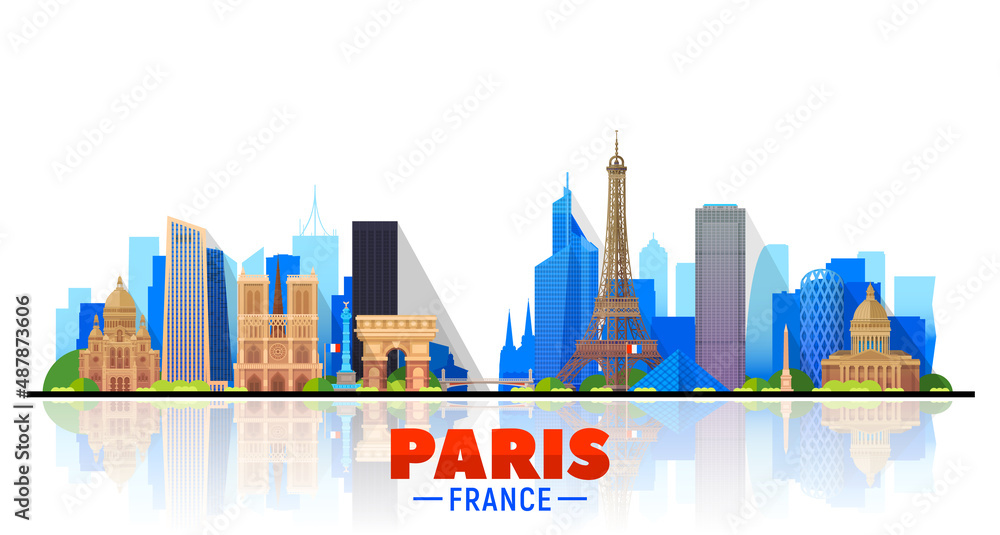 Paris (France) city skyline vector background. Flat vector illustration. Business travel and tourism concept with modern buildings. Image for banner or web site.