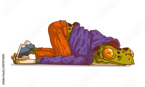 Burnout. Humanized frog in depression, vector illustration. Tired anthropomorphic frog, lying powerless on the ground, with his hands by his sides. Animal character with human body photo