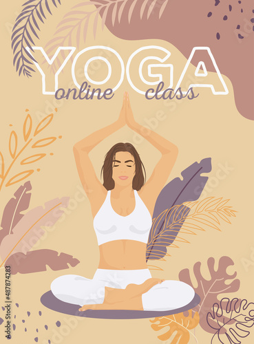 Young girl meditating in lotus position with tropic leafs on background in faceless style for posters, websites. Concept for yoga online class healthy lifestyle relax and sports activities