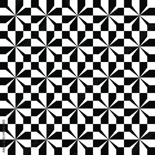 Geometric checkered seamless pattern. Black white shape distortion illusion design. Vector monochrome op art illustration. For textiles, wrapping, wallpaper