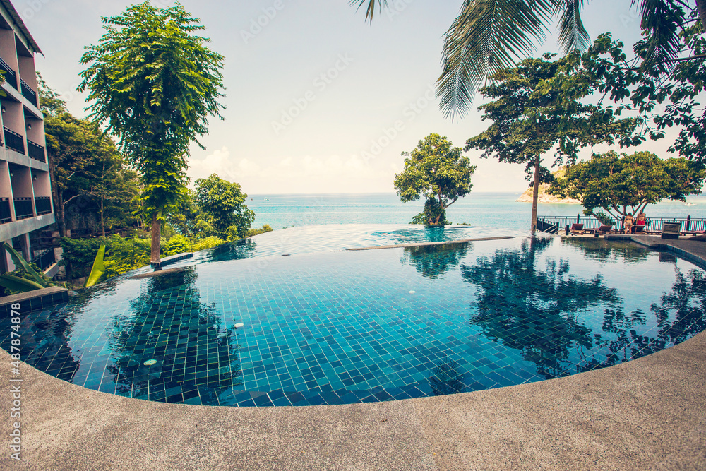 Seascape and swimming pool with open perspective, wonderful holiday at Koh Tao island, Thailand